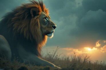 a lion is looking at the horizon