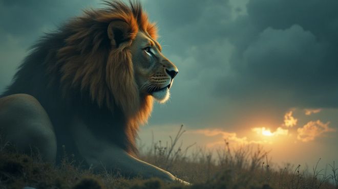 a lion is looking at the horizon