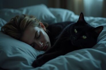 a woman is dreaming about black cat